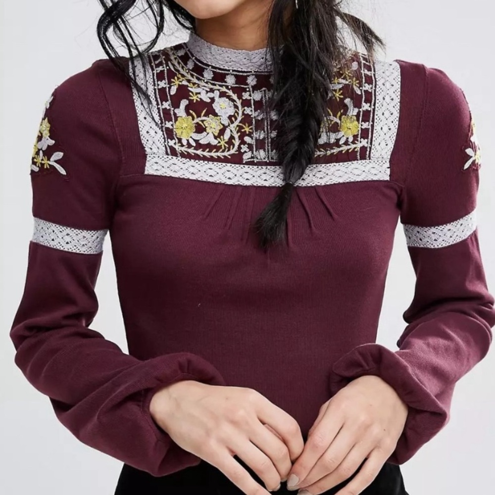 Free People Burgundy Long Sleeve Top with Embroidered Details